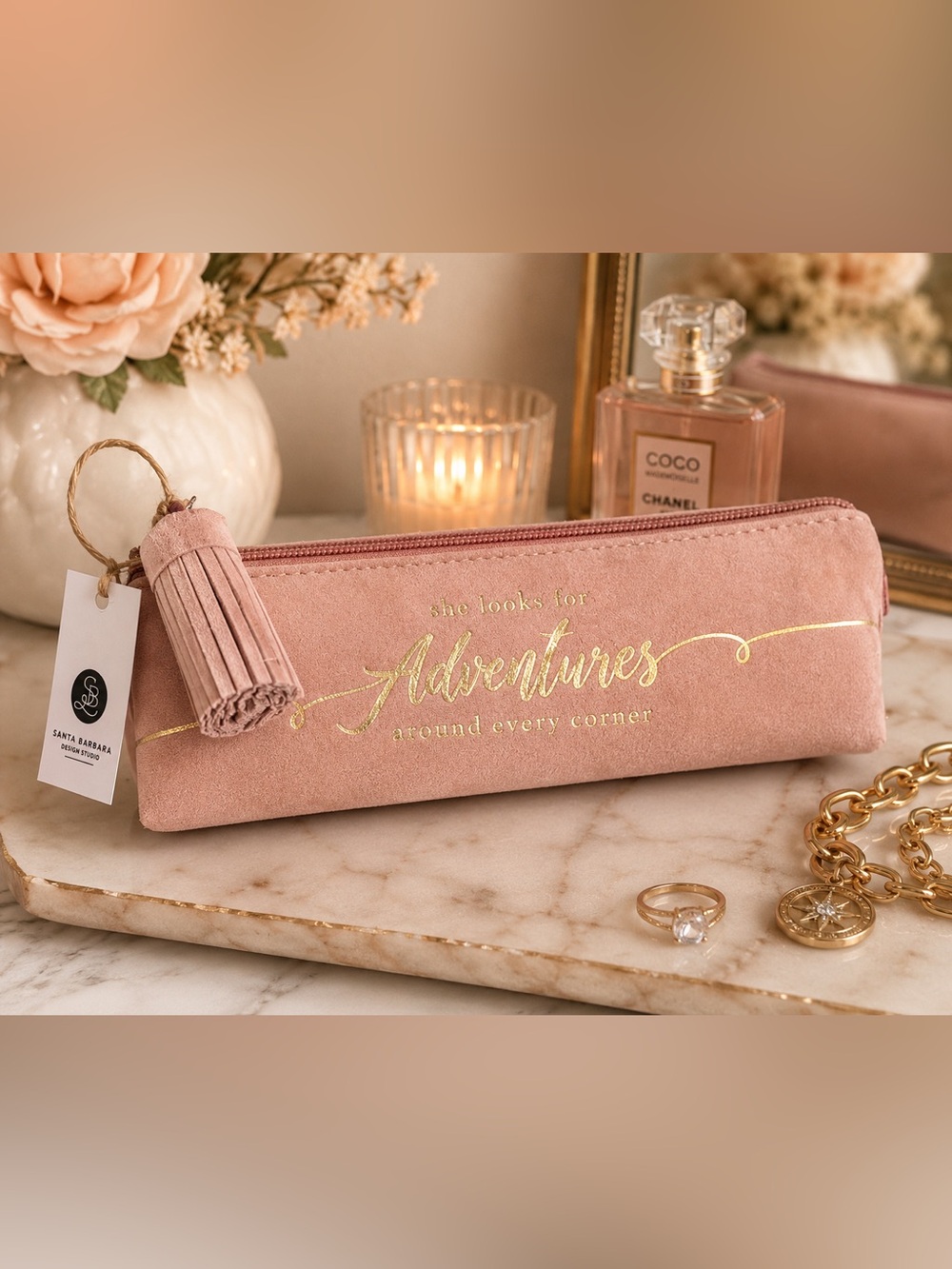 Santa Barbara Design Studio Blush Suede Adventure Pencil Makeup Case NWT